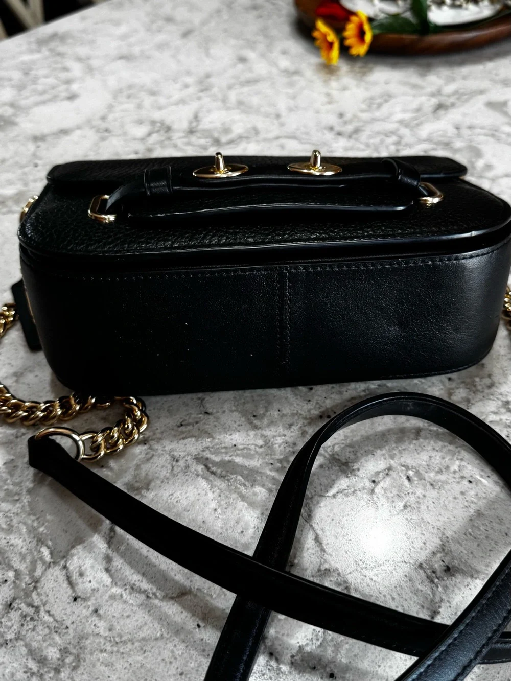 Coach Blake in Black  Pebbled Leather Shoulder Bag with Gold Chain